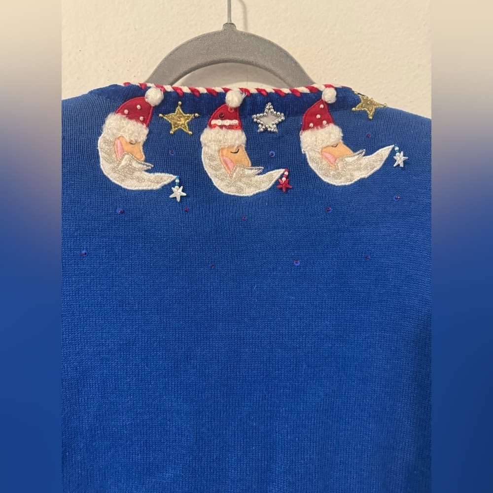 Jack B. Quick Christmas Sweater Cardigan Santa Moon Beading Red White Blue Med P - Picture 4 of 9